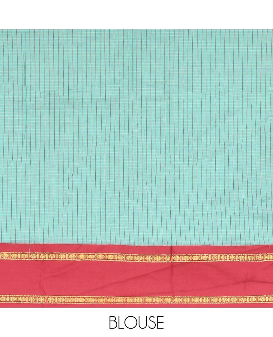 Blue checked nine yards cotton saree with contrast zari design border & striped zari design pallu