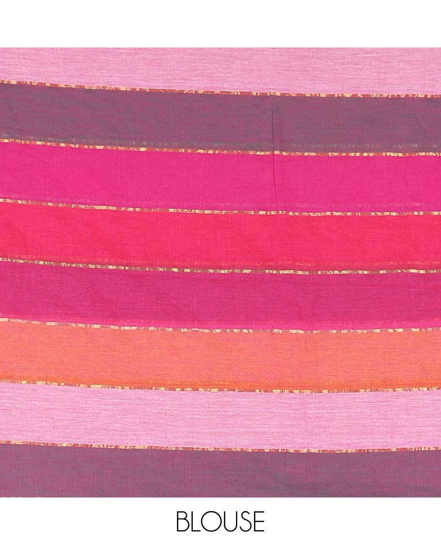 Wine rainbow-style striped Khadi mul cotton saree with piping zari border, and a matching zari striped blouse