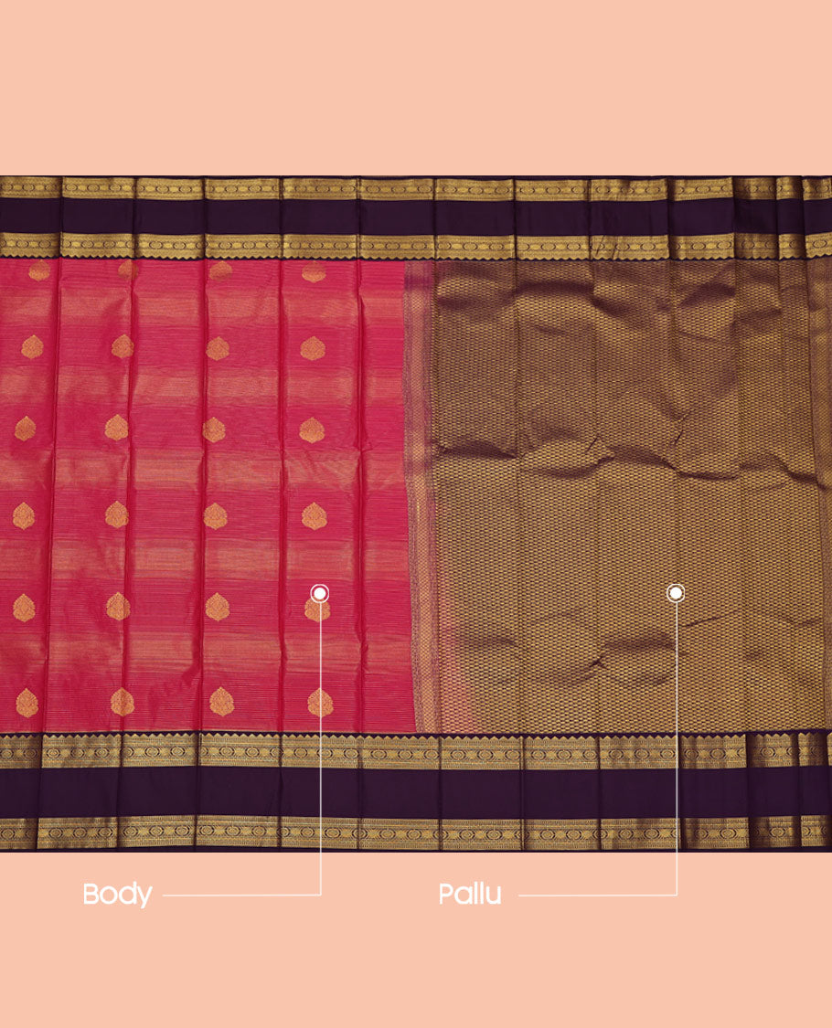 Pink Budget Silk Saree, Accentuated with Zari Buttas and Zari Stripes on Its Body, Complemented by a Contrast Traditional Zari Design Rettai Pettu Border, Grand Jaal Pallu, and Paired with a Contrast Blouse