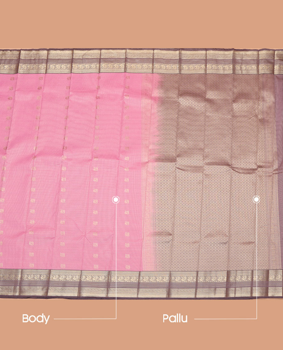 Pink Budget Silk Saree, Subtly Sparkled with Peacock Buttas and Zari Checks All Over Its Body, Complemented by a Contrast Traditional Zari Design Border, Pallu of Jaal Design, and Paired with a Contrast Blouse