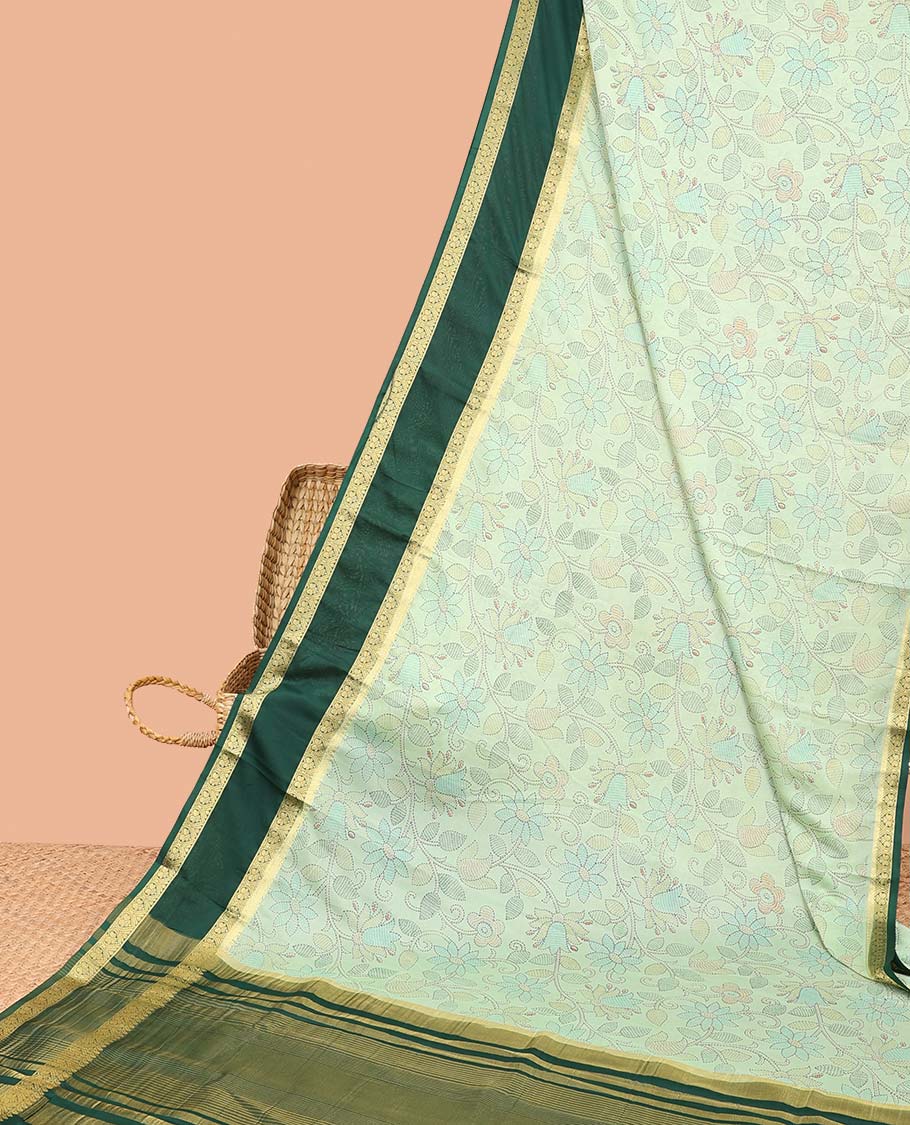 Green madhubani-style floral vine semi-banaras printed saree, contrast traditional design border & striped pallu