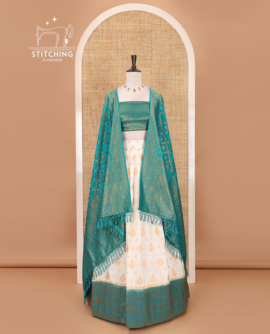 Cream georgette crepe halfsaree,zari buttas & traditional Swarovski stonework rama-green border skirt, jacquard blouse & banarasi jacquard dhavani