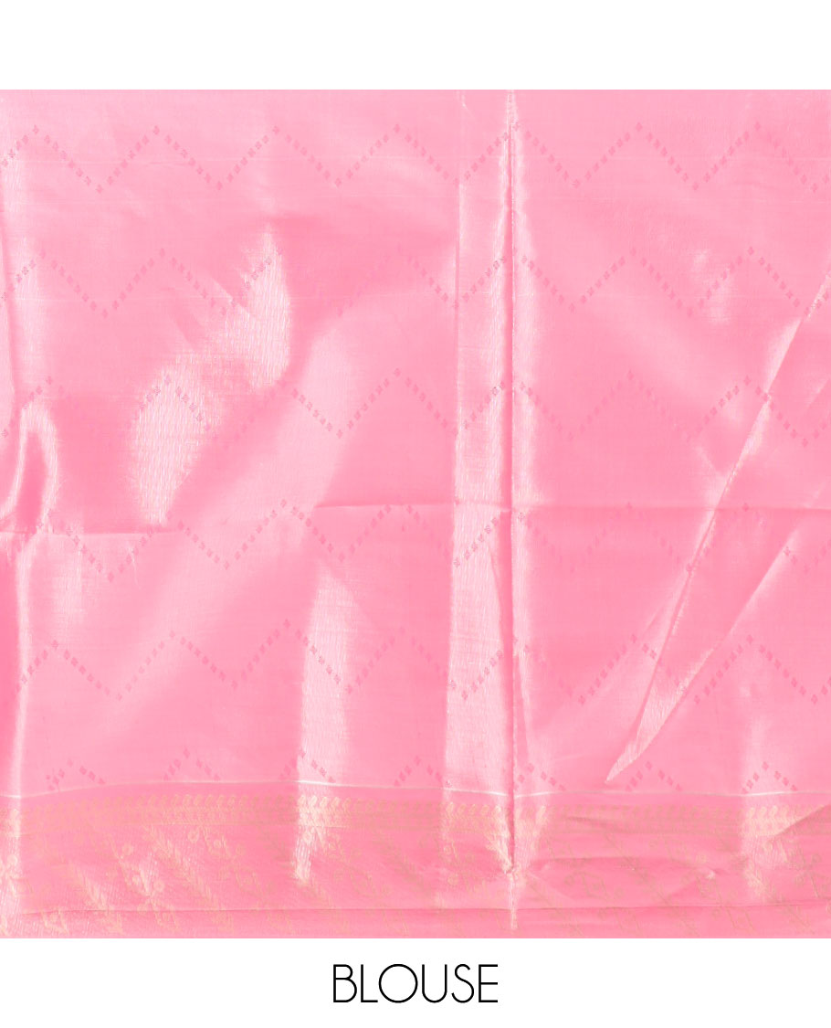 Pink zig zag striped kora cotton saree with contrast floral border & argyle design pallu