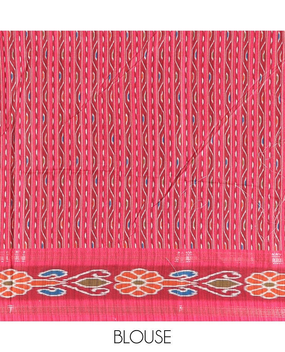 Black plain Katan silk saree, contrast temple ikkat floral printed border, ikkat floral printed pallu, and ikkat printed blouse