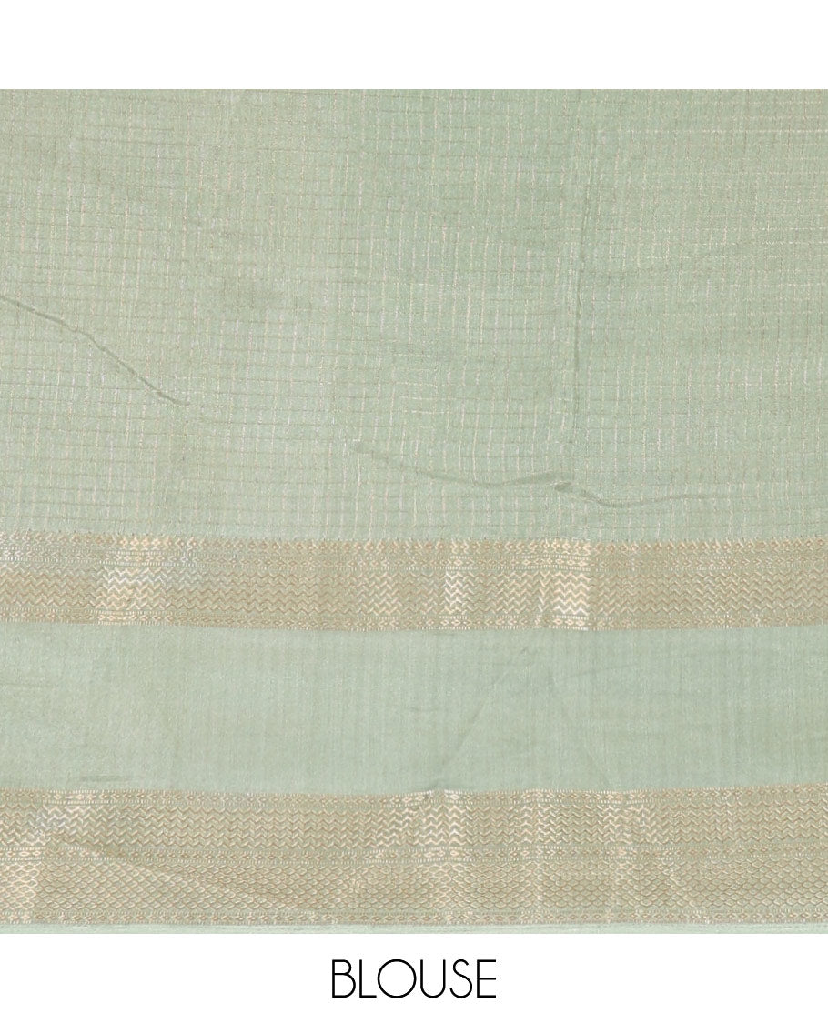 Green zari checked moss milan saree, contrast traditional zari rettai pettu border, striped pallu, and contrast blouse