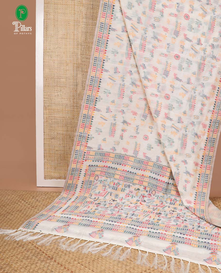 Cream kashmiri work, thread varali thread embroidery banaras jute saree with thread border & kashmiri thread work pallu along with embroidery blouse