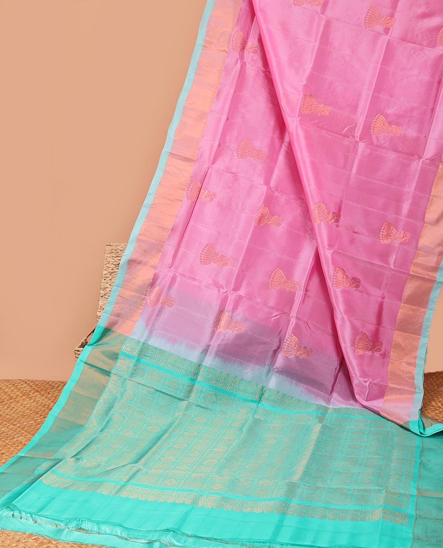 Pink with motifs semi-uppada saree with contrast zari border & zari checked with motifs design pallu