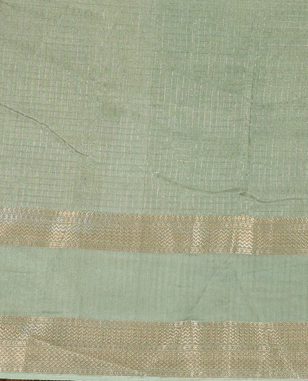 Green Checked saree with contrast zari border and contrast striped pallu along with contrast blouse