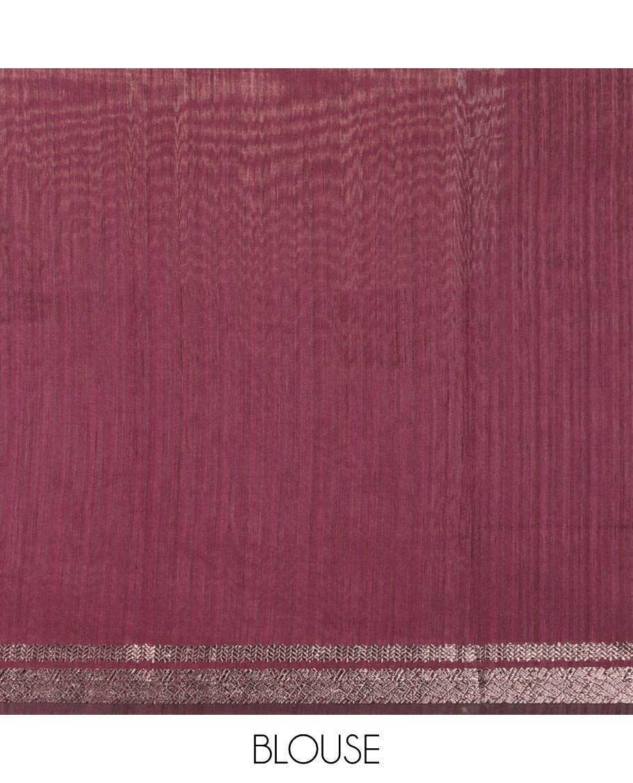 Wine color horizontal line small butta linen saree with double border & zari pallu along with plain blouse