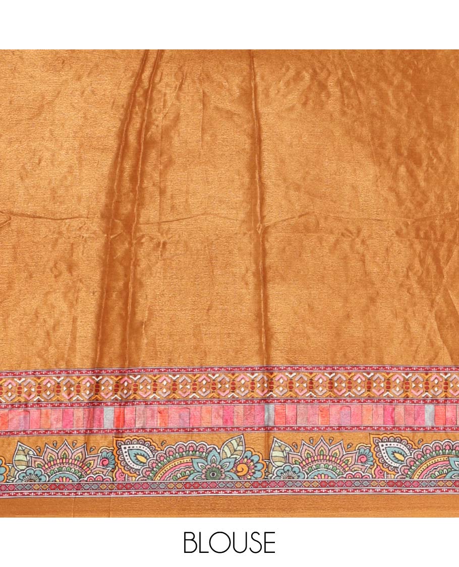 Mustard-base Red-base floral bandhani-theme printed & real mirror embroidery masakali saree, self-border, printed mirror work pallu & matching blouse