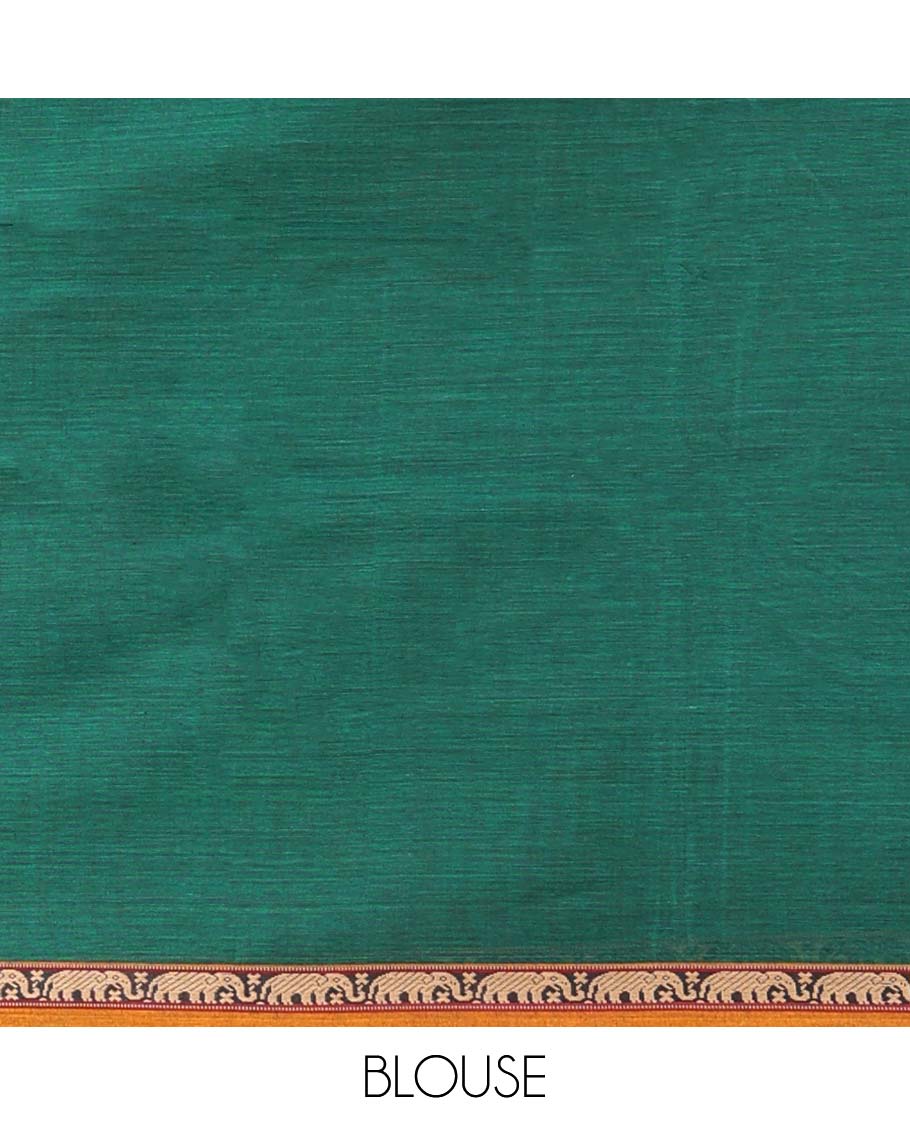 Green plain Narayanapet cotton saree, contrast traditional design border & striped pallu