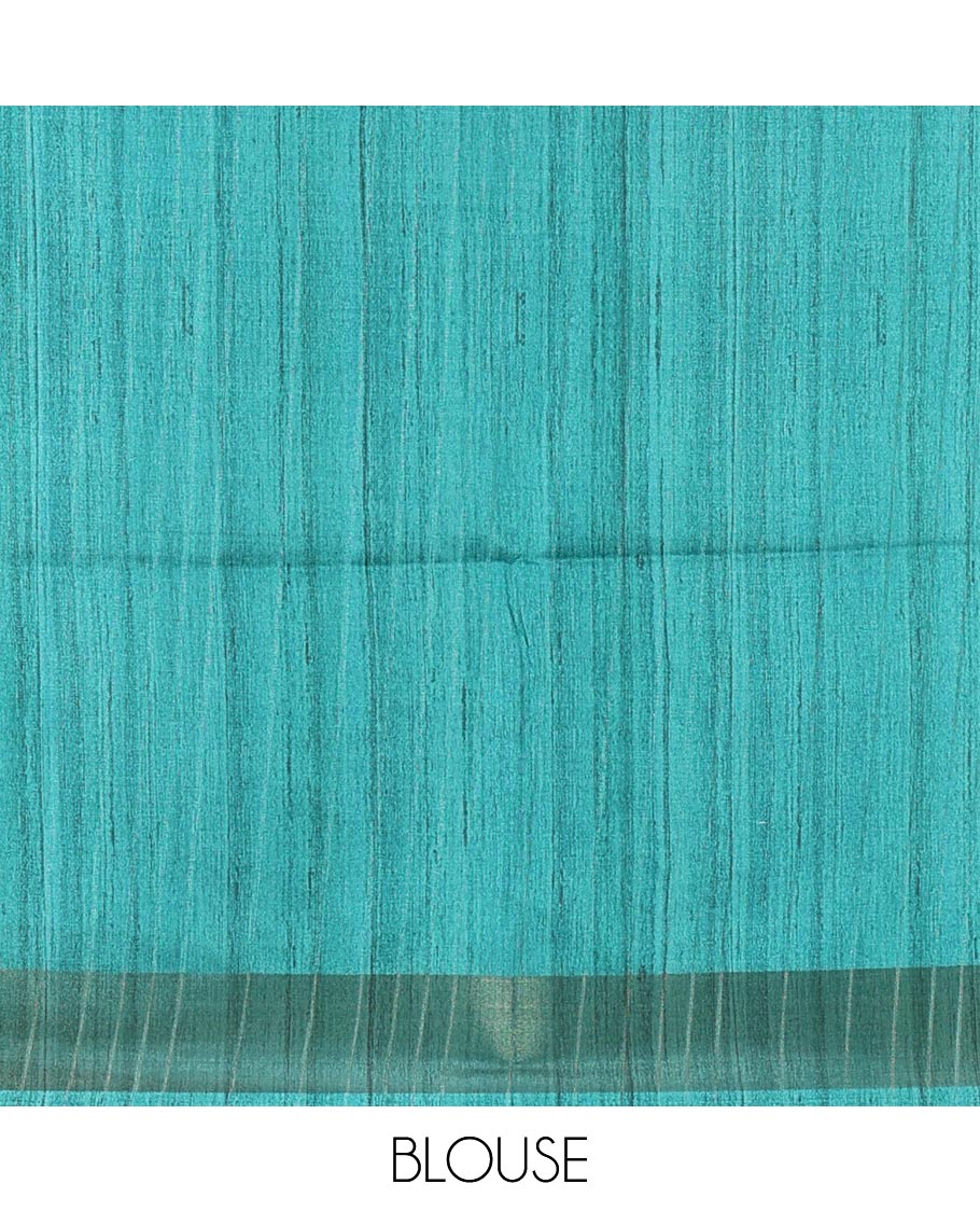 Blue plain fancy tussar saree, contrast floral printed border, floral vine printed pallu, and a contrast plain blouse