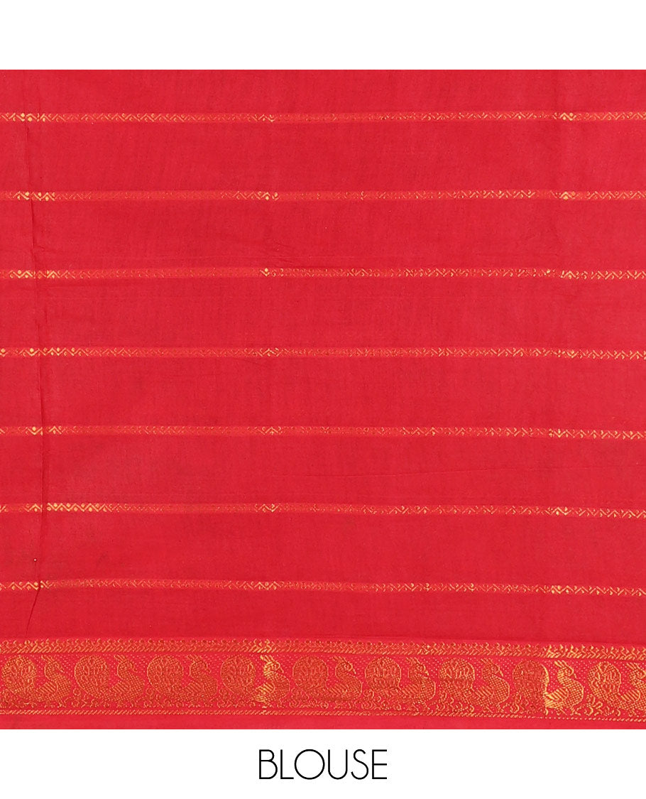 Black and red veldhari zari striped Sungudi cotton saree, contrast peacock zari motif border, zari striped pallu, and contrast zari design blouse
