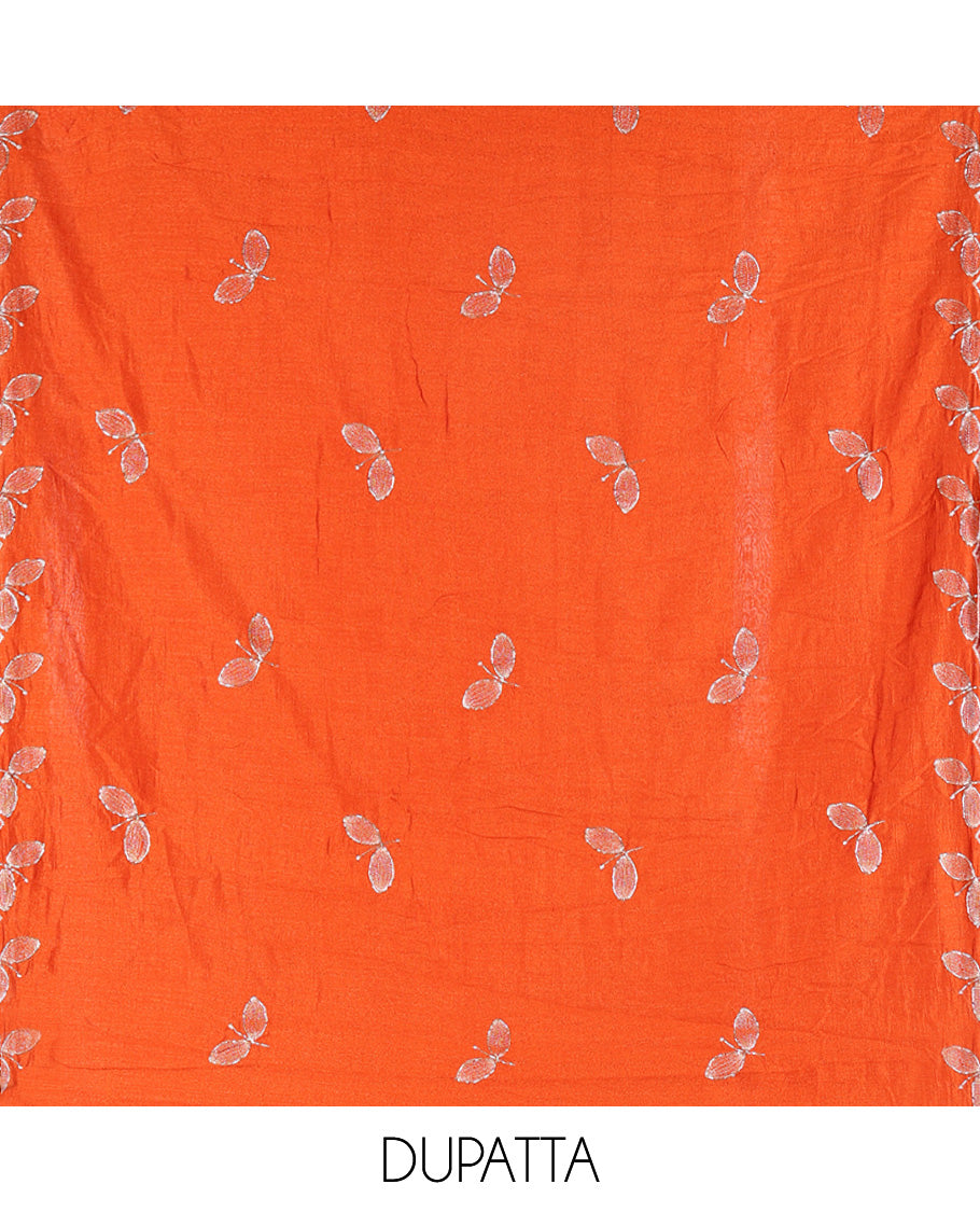 Rust Material Chudidhar Set, Highlighted with an Floral Motifs Embroidered on its Vichitra Silk Top, Plain Santoon Bottom, and Vichitra Silk Dupatta of Leaf Motifs Embroidery