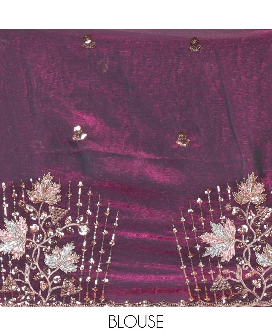 Dark violet Swarovski stone work embedded fendy-chiffon saree, scallop lace border & floral mixed embroidered blouse