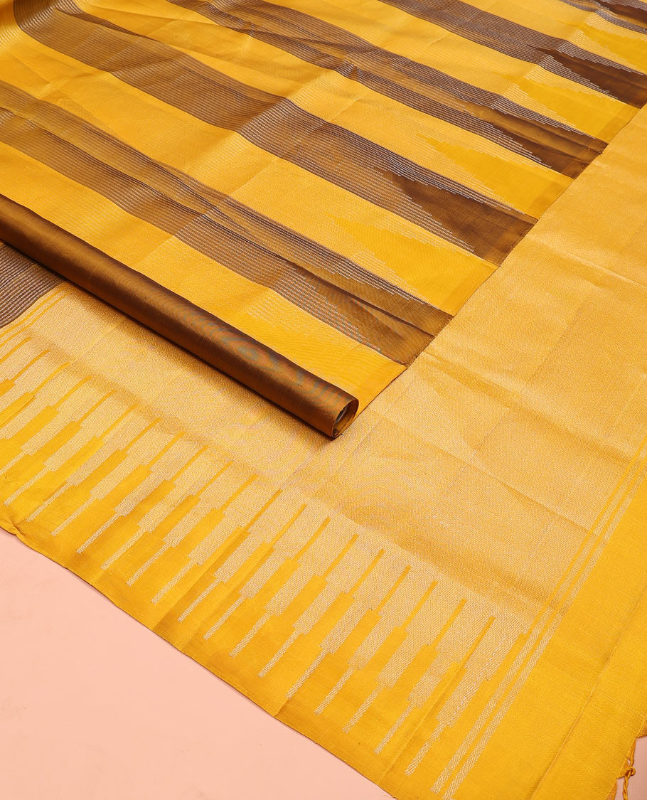 Broderless yellow striped and temple design soft silk saree, zari woven pallu of seppu rekku designs