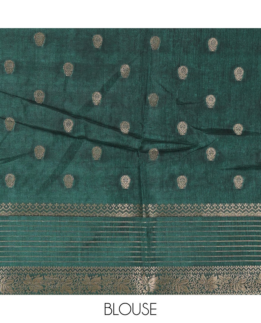 Cream zari buttas dola silk saree, contrast pink-green temple ganga jamuna traditional zari border, paisley pallu, and contrast zari design blouse