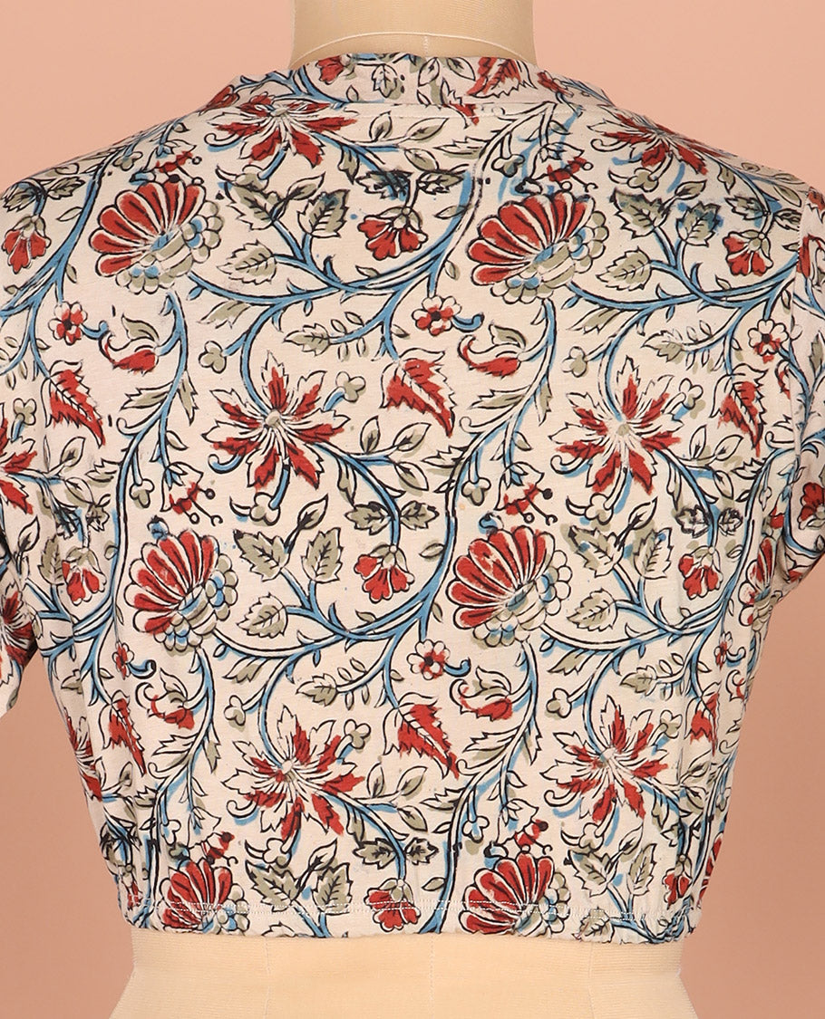 Off-White Readymade Blouse Richly Printed with Floral Motifs, Featuring a Front V-Neck, a Back Closed Neck, and Full Sleeves