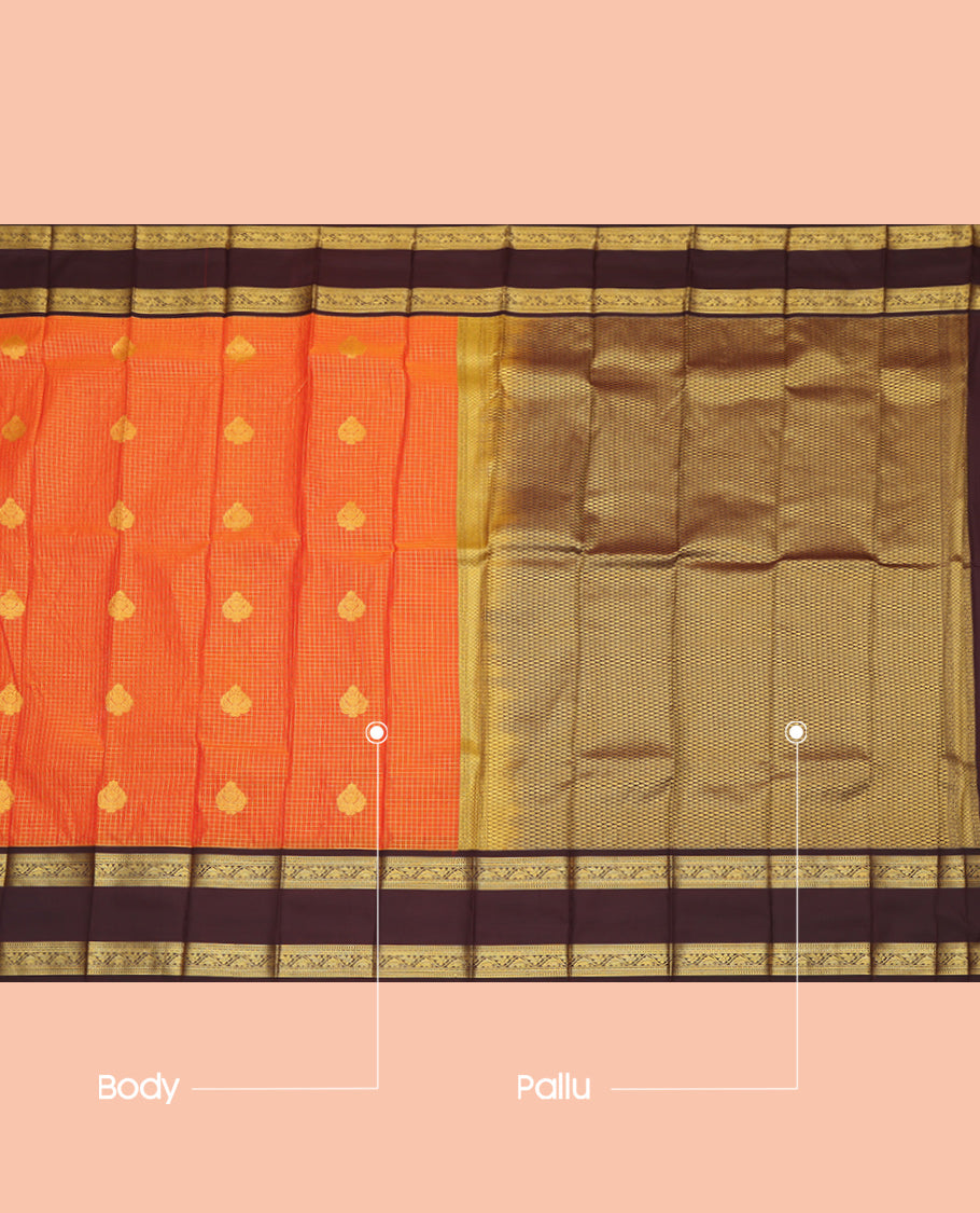 Orange Contrast Zari Butta and Checks Budget Silk Saree