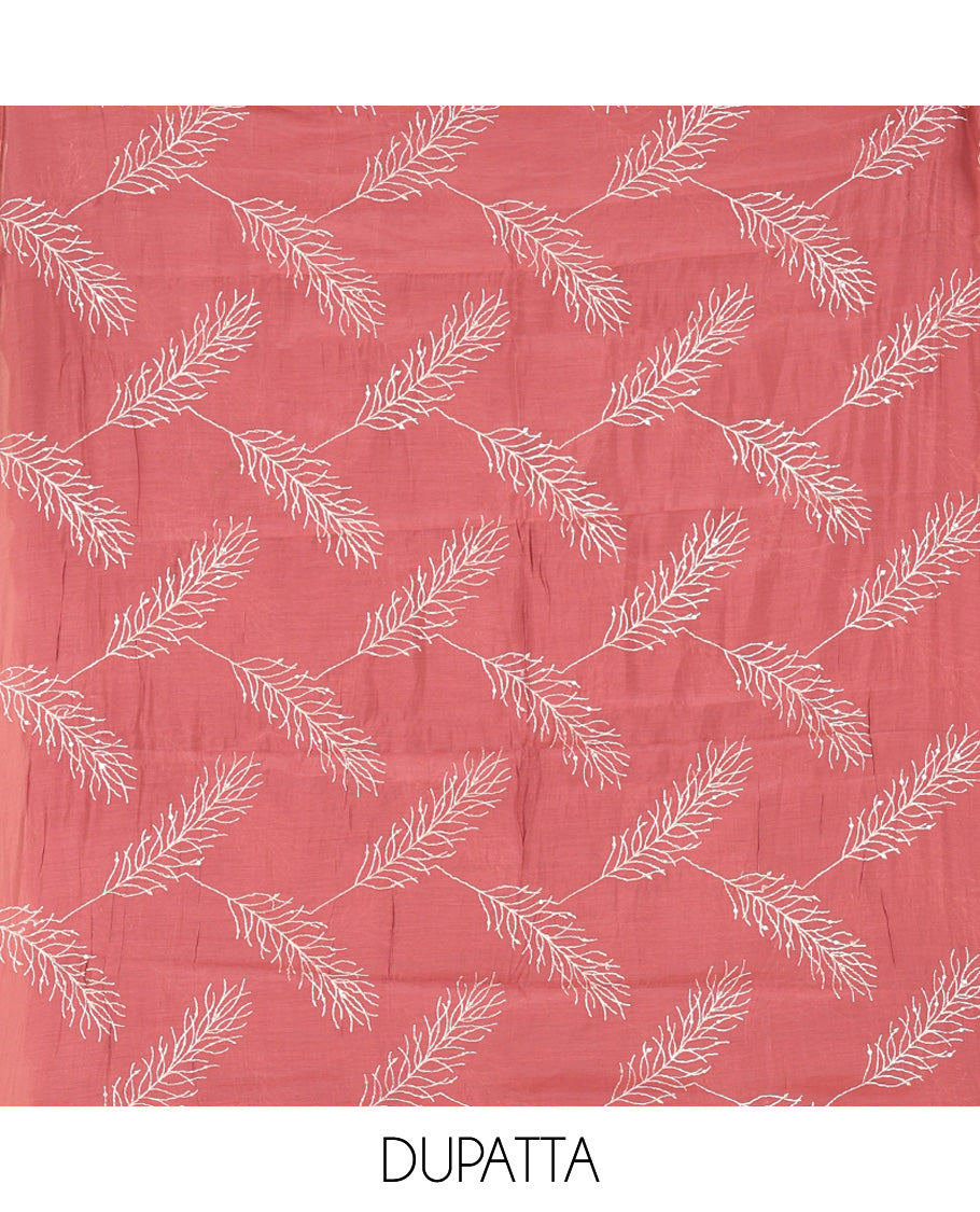Onion Pink Mul Chanderi Material Churidar Set, V-Neck Thread Embroidered Top, a Matching Bottom, a Thread Leaf Embroidered Dupatta