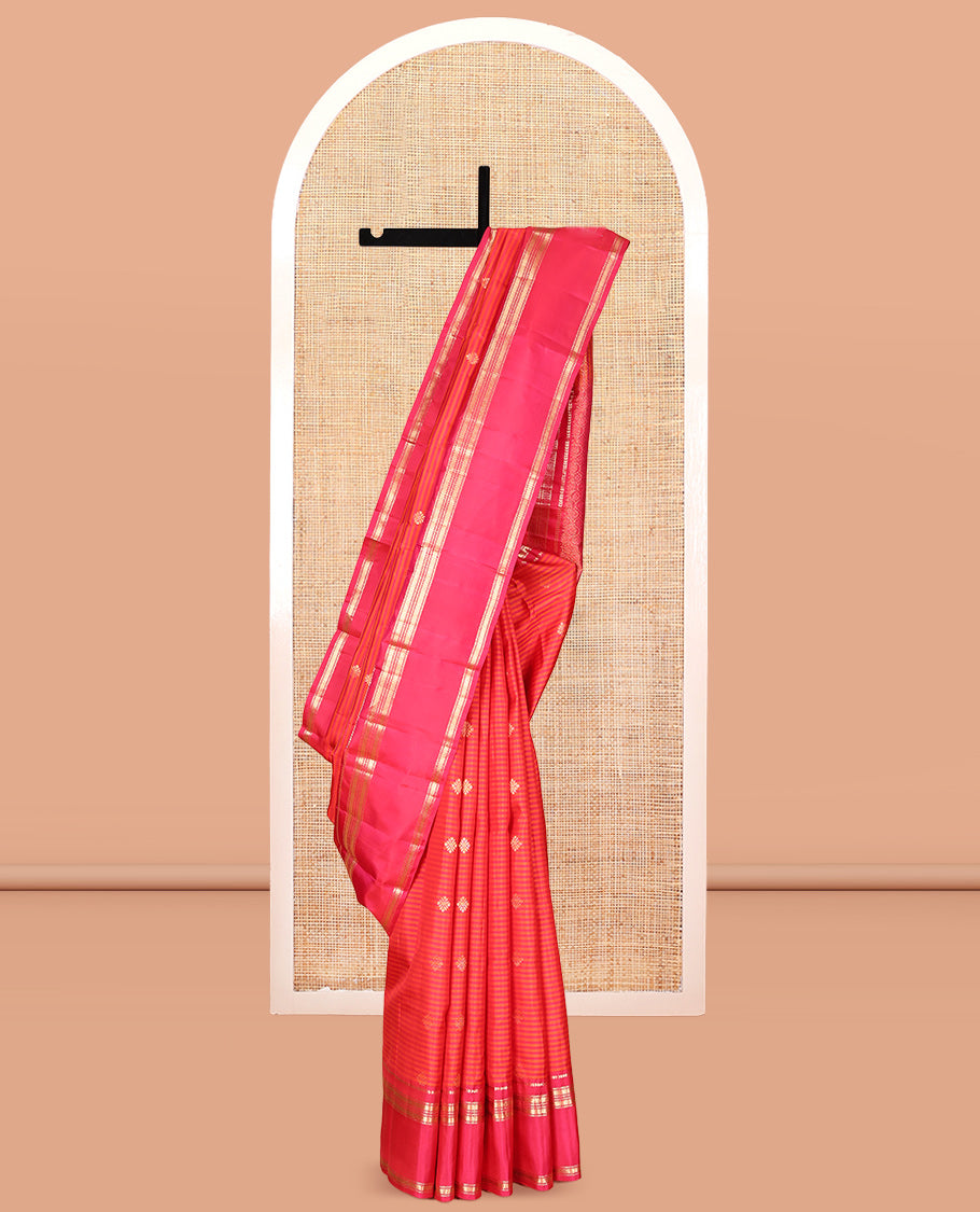 Red Kanchipuram Silk Saree, Subtly Woven with Stripes and Buttas, Highlighted by a Rettai Pettu Border of Ara Bogudi, and Kathir Designs, Ogee Pallu, and a Matching Blouse