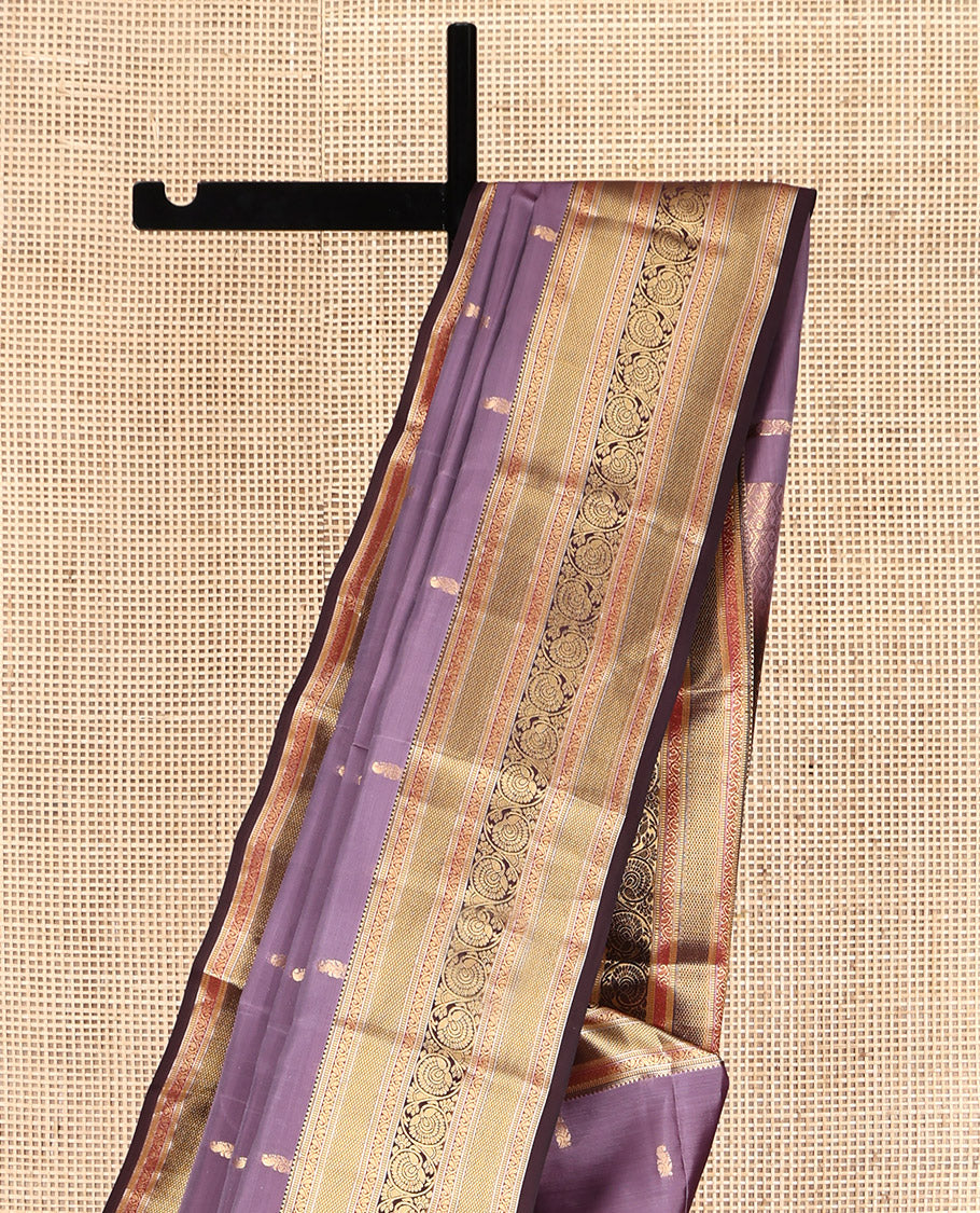 Lavender Vasundhara Lite Silk Mix Saree, Mesmerized with Zari Buttas, a Contrast Border of Rekku, Muthu, Mayil Kann, and Dhavana Kodi, Jaal Pallu, and a Contrast Blouse