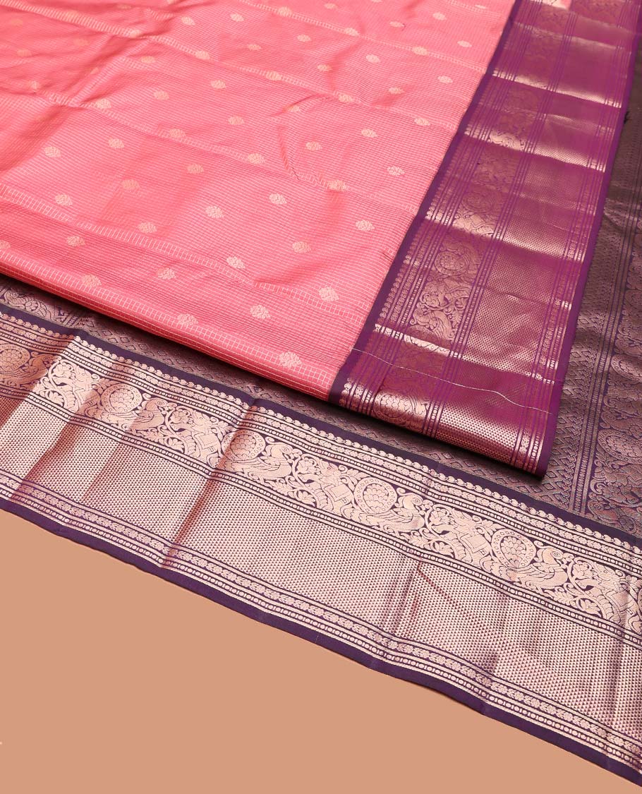 Pink Vasundhara Silk Saree, Enriched with Zari Buttas on Its Body, Complemented by Contrast Border of Manga, Floral, Yaanai, Mayil, and Ara Madaam Designs, Grand Jaal Pallu, and Paired with a Contrast Blouse