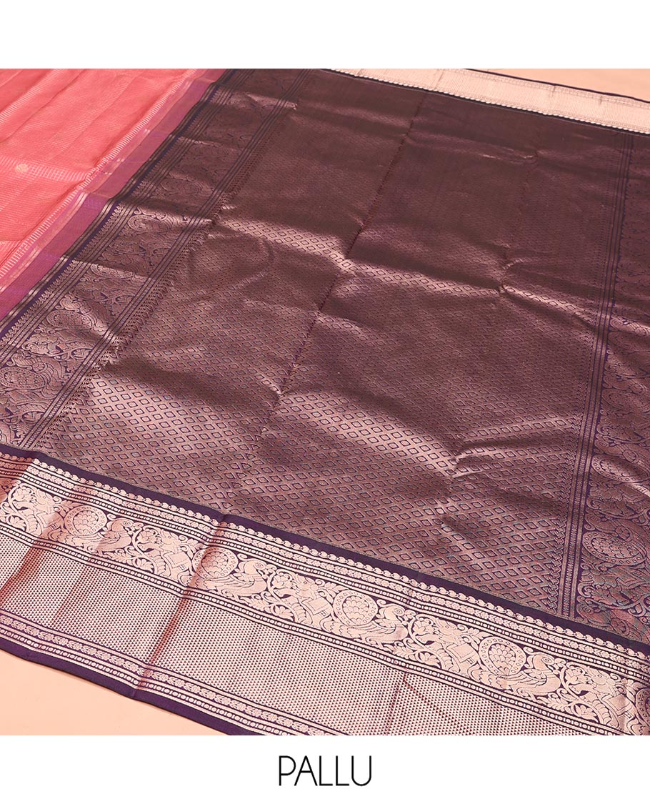 Pink Vasundhara Silk Saree, Enriched with Zari Buttas on Its Body, Complemented by Contrast Border of Manga, Floral, Yaanai, Mayil, and Ara Madaam Designs, Grand Jaal Pallu, and Paired with a Contrast Blouse