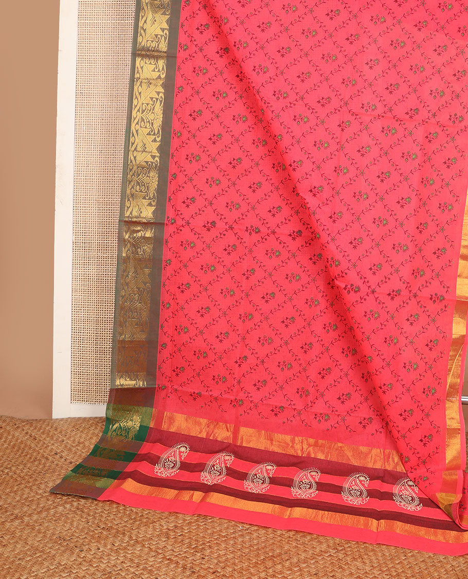 Pink floral jaal printed Andhra cotton saree, contrast traditional zari motif border & zari pallu of paisleys