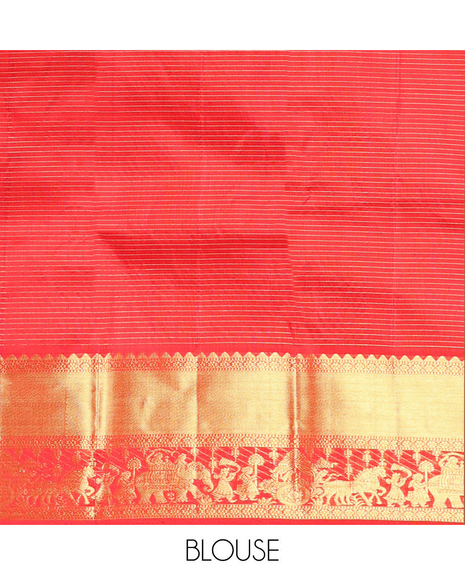 Red checked with floral buttas kancheepuram silk saree, self wedding design border & intricate jaal zari pallu