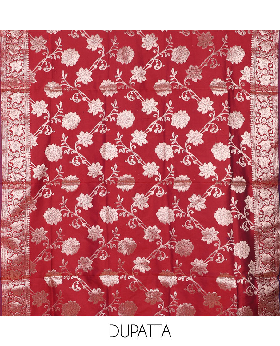 Maroon banarasi material chudidar set, zari buttas woven top, plain bottom, and floral jaal taffeta silk dupatta
