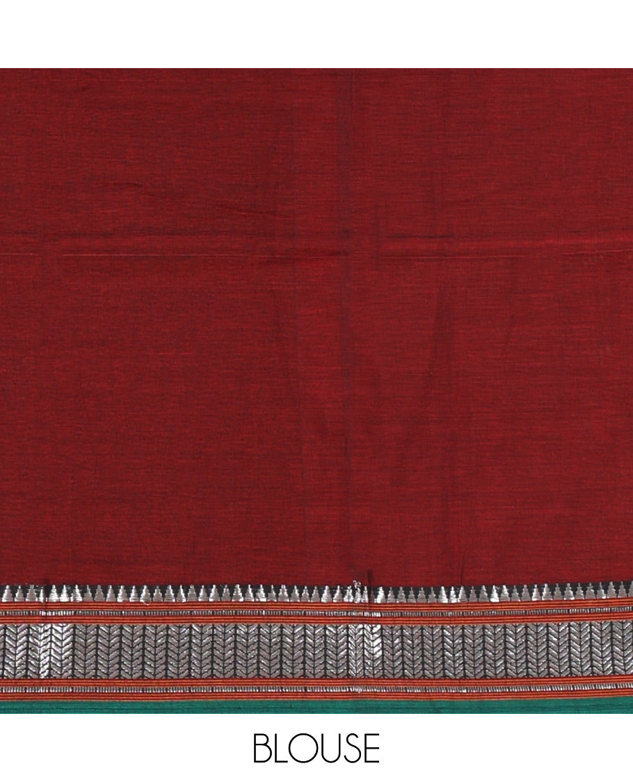 Maroon mercerized cotton half-saree, plain & contrast traditional temple border skirt, matching blouse & contrast temple zari border vichitra silk dhavani