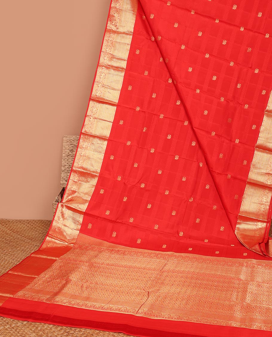 Red buttas Silk saree, traditional zari border of round yaanai design & jaal pallu