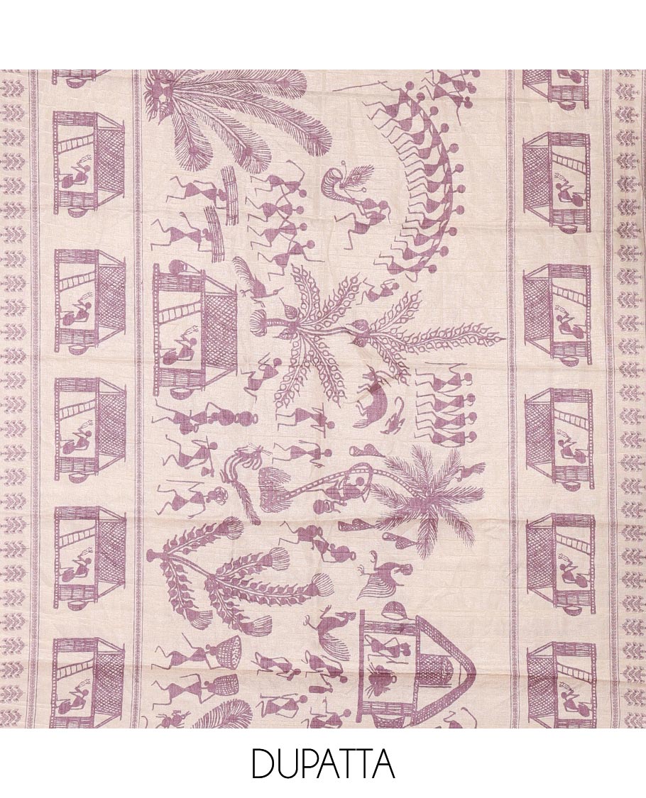 Purple material churidar set, warli tribe village theme print with mirror work semi-tussar top, plain bottom, and warli tribe village theme print semi-tussar dupatta