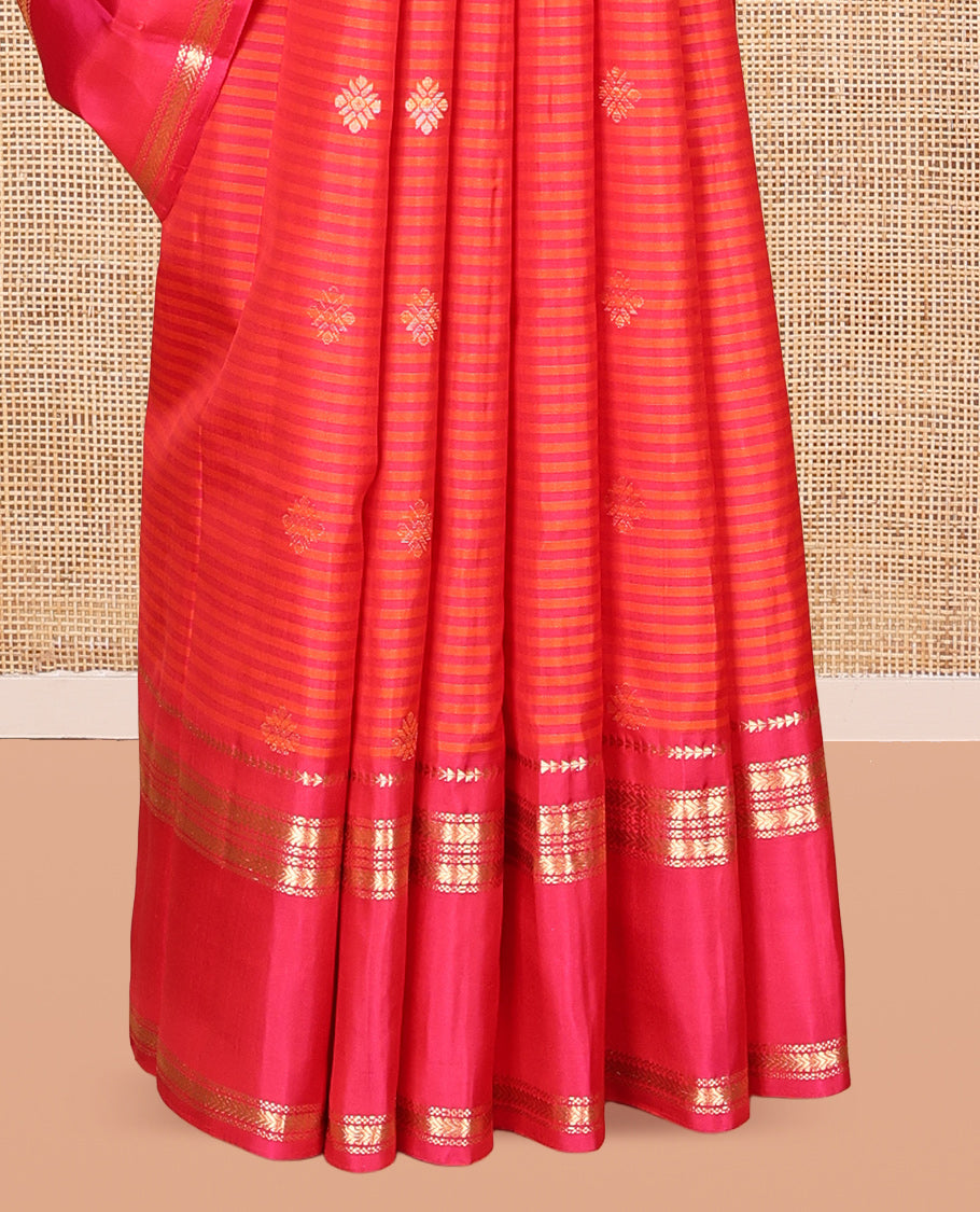 Red Kanchipuram Silk Saree, Subtly Woven with Stripes and Buttas, Highlighted by a Rettai Pettu Border of Ara Bogudi, and Kathir Designs, Ogee Pallu, and a Matching Blouse