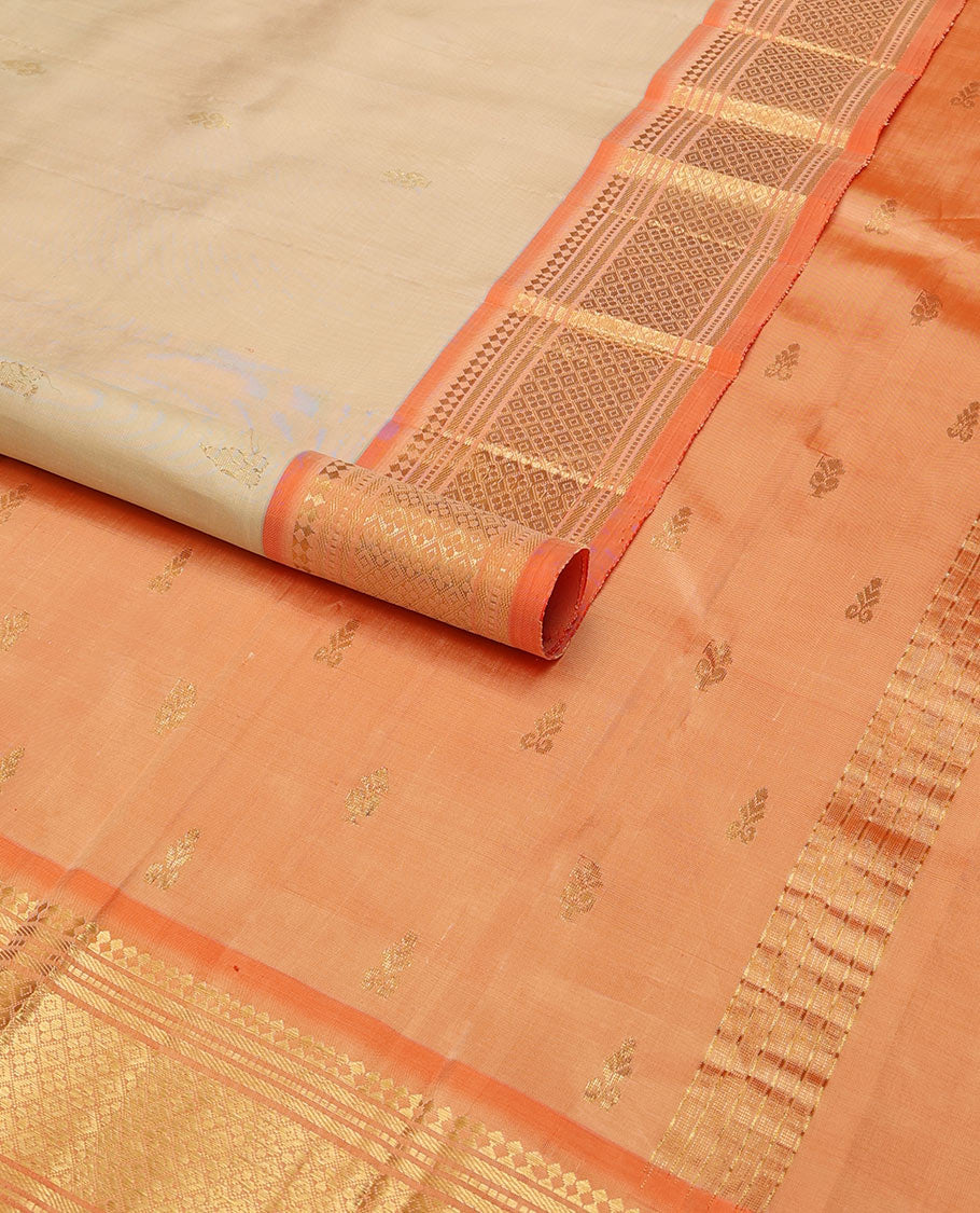 Beige buttas kancheepuram silk saree with contrast border of thilakam, mokku, banaras, kuyil kann design border & zari design pallu