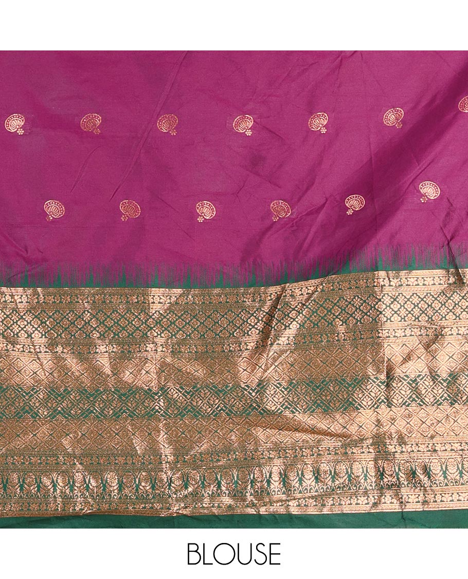 Purple taffeta silk half saree, zari buttas with contrast green traditional zari border, matching zari blouse, and contrast plain zari border dhavani