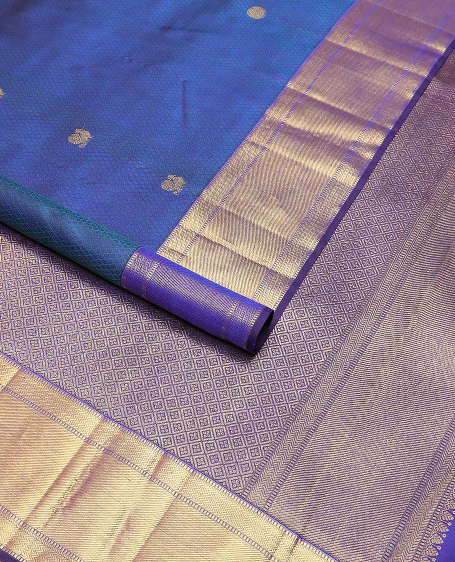 Blue checked, mayil buttas silk saree with self border of muthu, kathir, banaras design & geometric design pallu