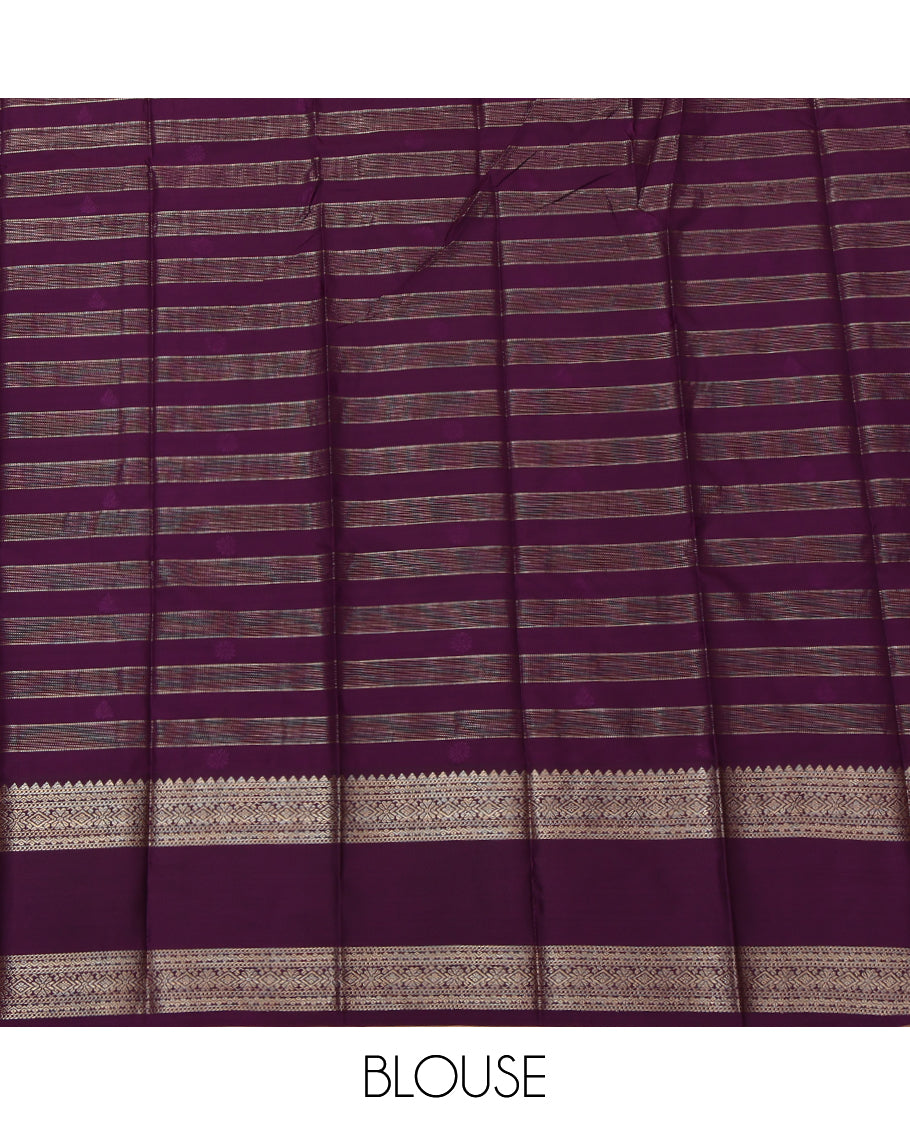 Light Sandal Budget Silk Saree, Subtly Sparkled with Zari Buttas and Stripes, a Contrast Traditional Zari Rettai Pettu Border, Grand Pallu, and a Contrast Blouse