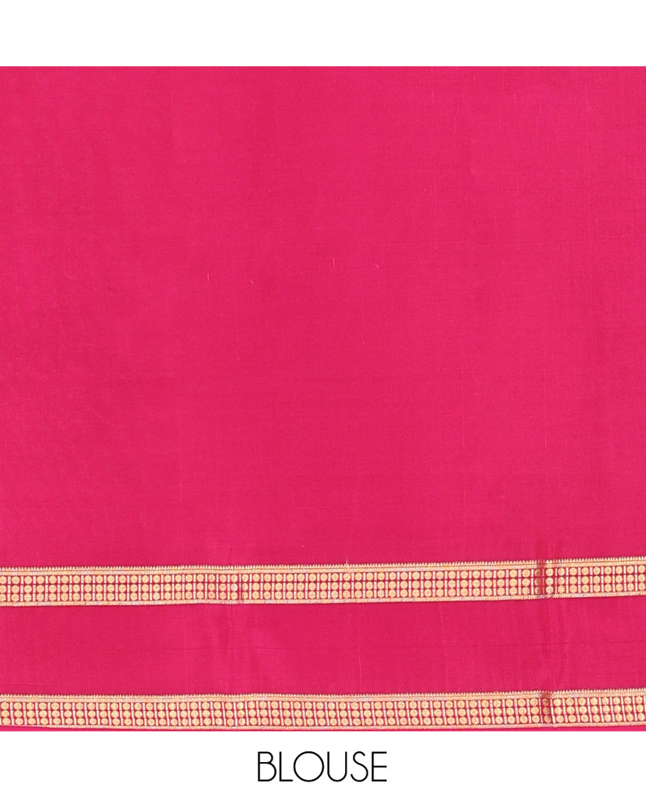 Pink Mysore Silk Saree, Highlighted by Zari Checked Design On Its Body, Complemented by Captivating Contrast Traditional Zari Design Border, Gleaming Zari Striped Pallu, and Paired with a Contrast Blouse