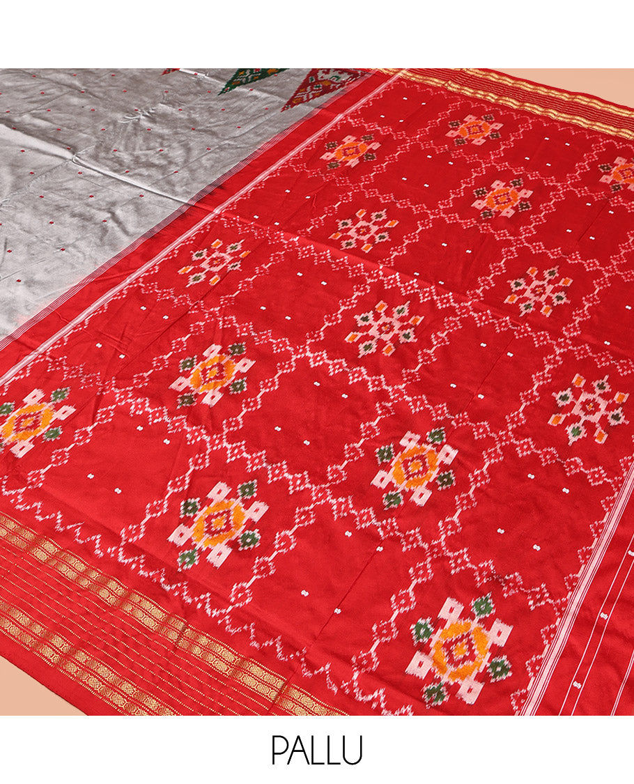 Grey Pochampally Ikat Silk Saree, Subtly Woven with Ikkat Buttas on Its Body, Complemented by a Contrast Temple Border of Traditional Designs, Pallu of Butta Enclosed Checks, and Paired with a Contrast Blouse
