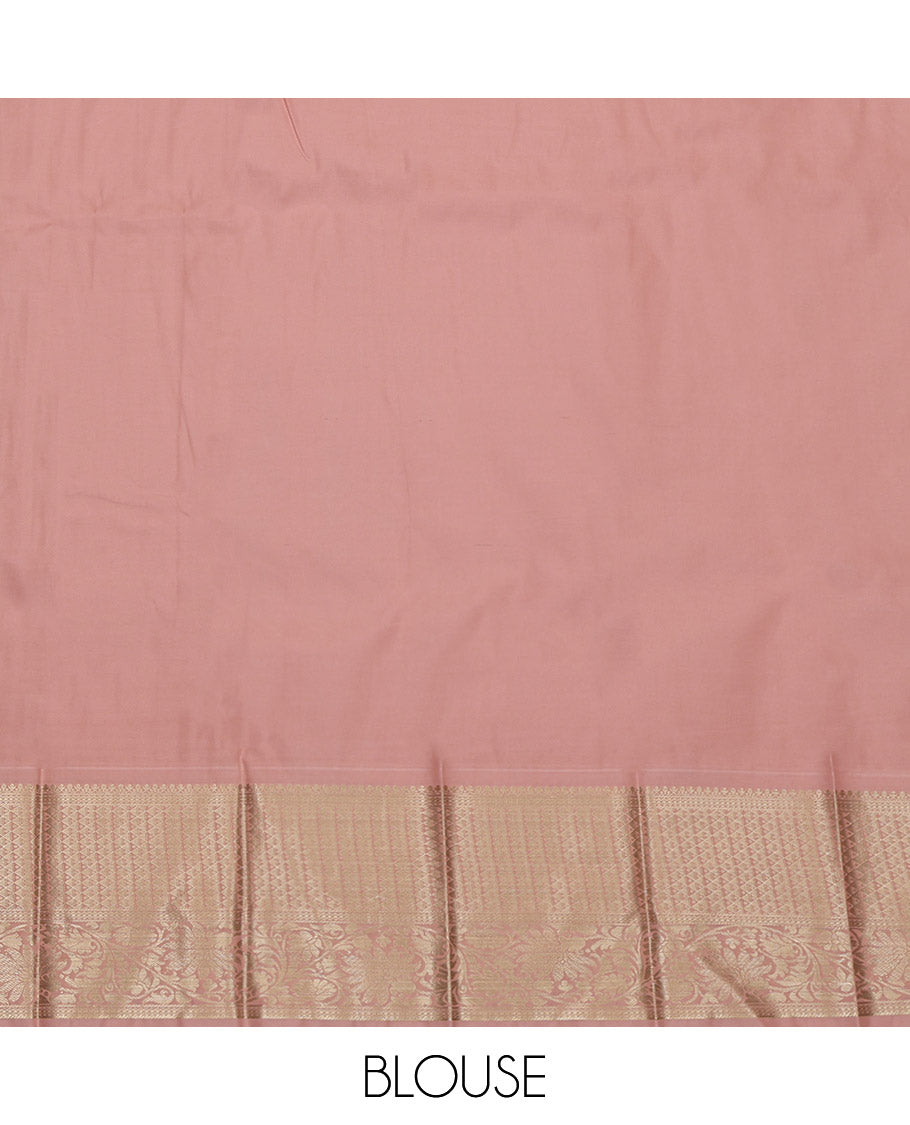 Pink Budget Silk Saree, Featuring Zari Buttas on Its Body, Complemented by a Contrast Traditional Zari Design Border, Pallu of Diagonal Stripes and Paisleys, and Paired with a Contrast Blouse
