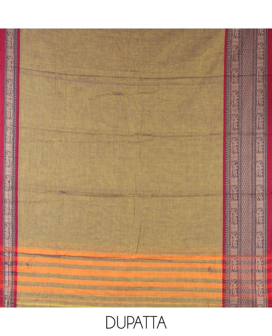 Parrot Green Mercerised Cotton Material Chudidar Set, Plain with Traditional Motifs Woven Thread Bordered Top, a Plain Bottom, and Paired with a Matching Dupatta