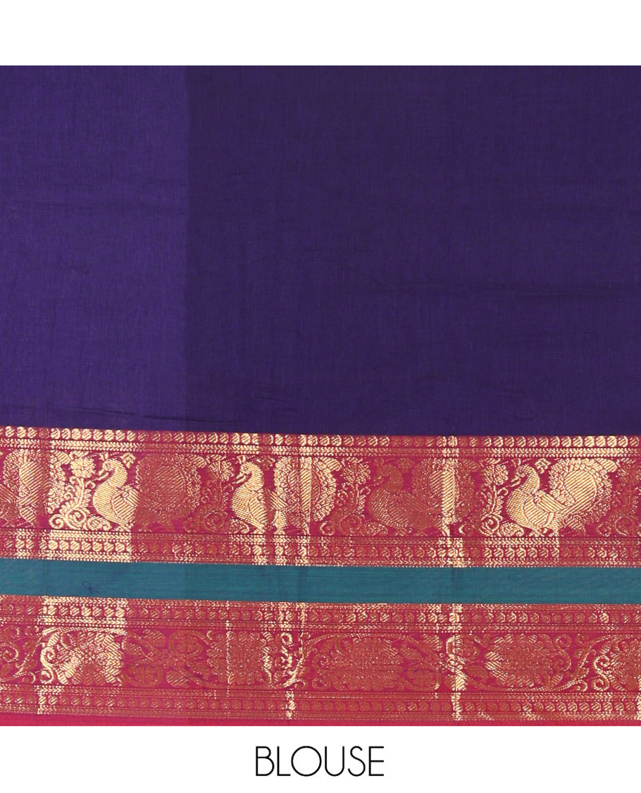 Deep Violet-Rama Mercerised Cotton Half-Saree Features Plain with Contrast Peacock and Floral Creeper Zari Bordered Skirt, Paired with a Matching Blouse, and Comes with a Contrast Floral Creeper Zari Bordered Dhavani