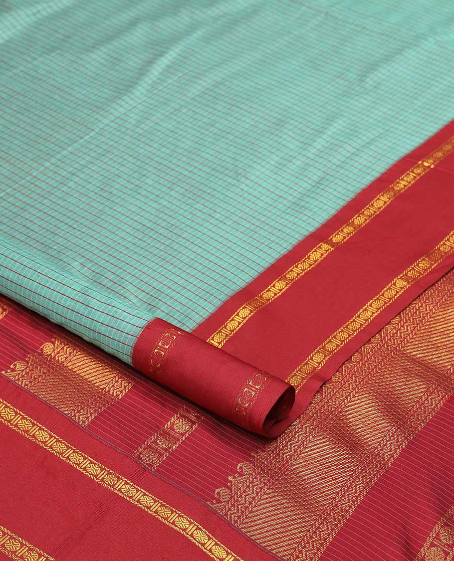 Blue checked nine yards cotton saree with contrast zari design border & striped zari design pallu