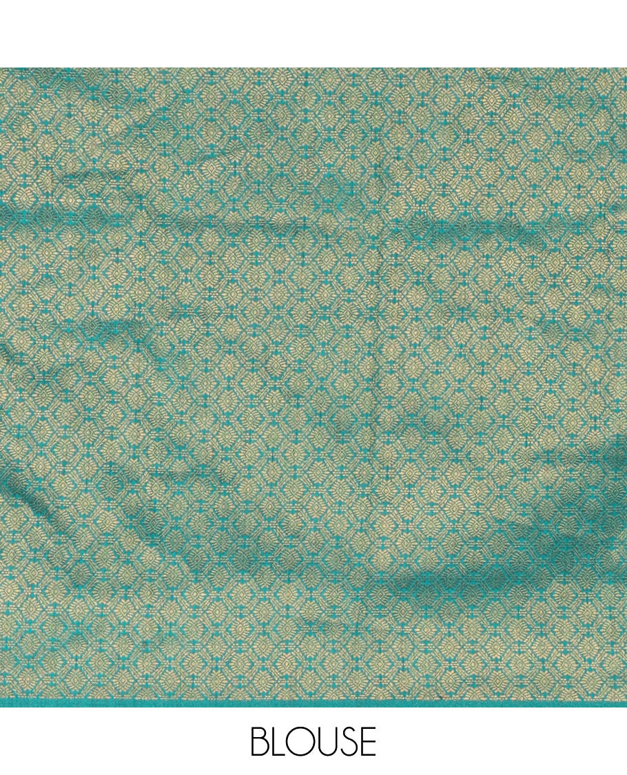 Cream georgette crepe halfsaree,zari buttas & traditional Swarovski stonework rama-green border skirt, jacquard blouse & banarasi jacquard dhavani