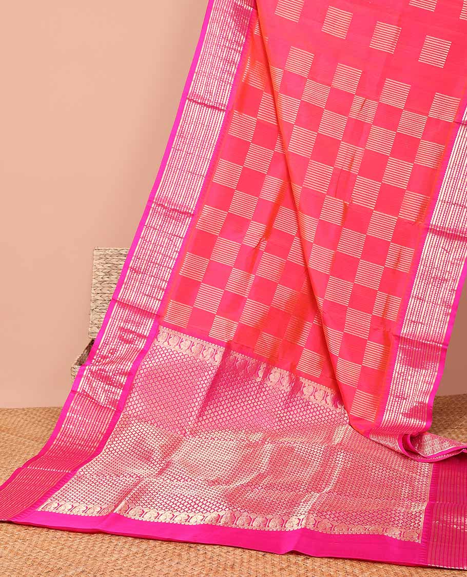 Red geometric design vengatagiri pure silk saree with contrast zari design border & argyle design pallu