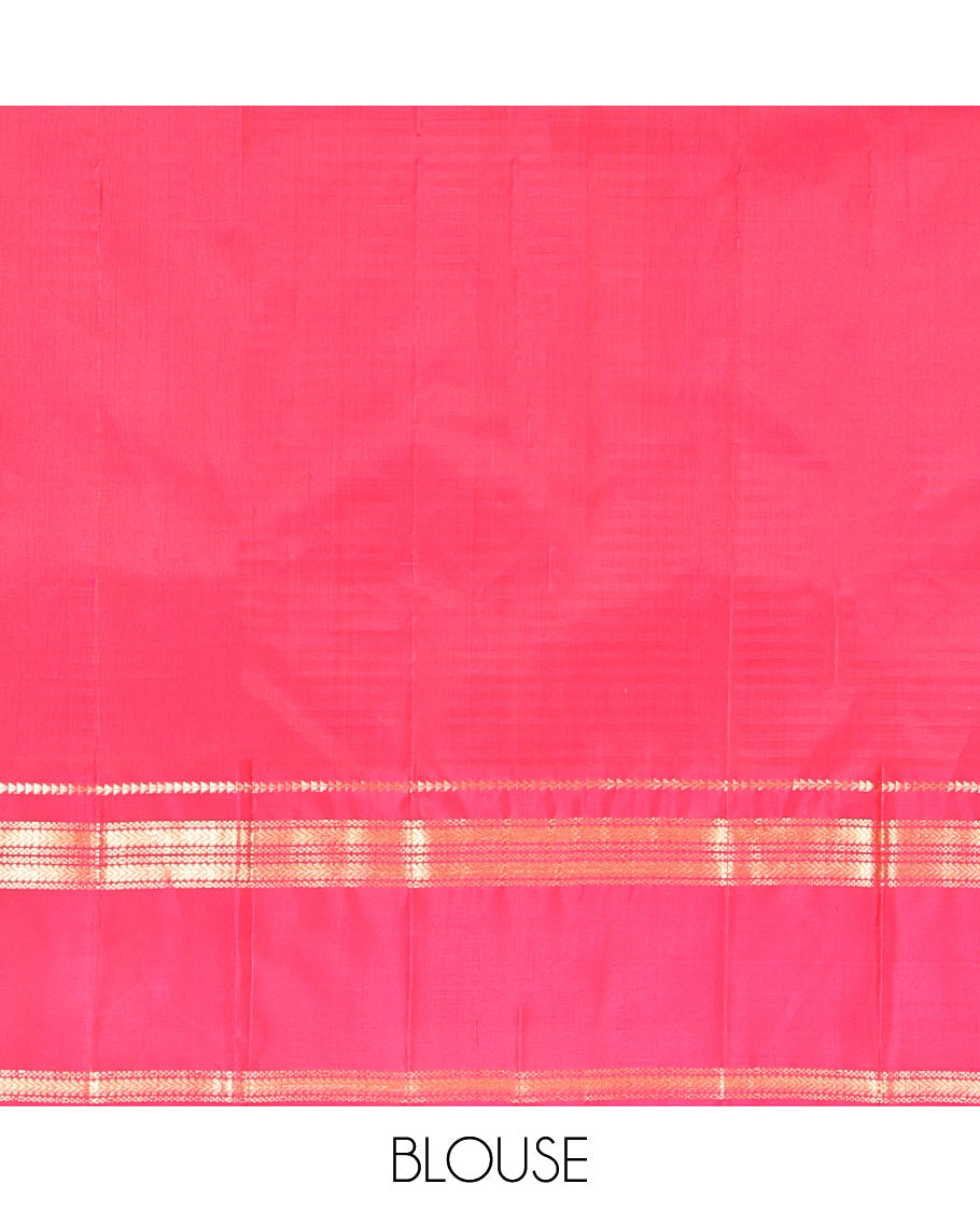 Red Kanchipuram Silk Saree, Subtly Woven with Stripes and Buttas, Highlighted by a Rettai Pettu Border of Ara Bogudi, and Kathir Designs, Ogee Pallu, and a Matching Blouse