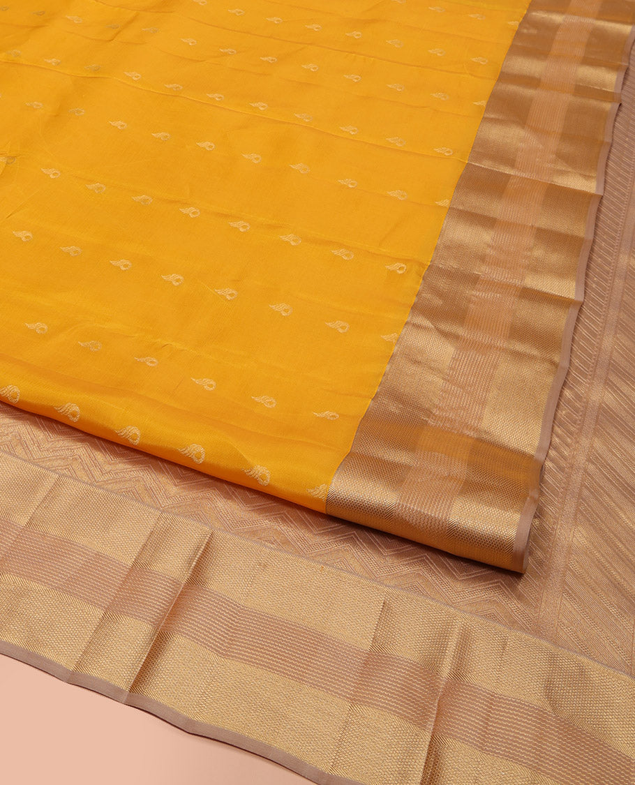 Yellow Vasundhara Lite Silk Mix Saree, Sparsely Woven with Zari Buttas, Complemented by a Contrast Border of Geometric Designs, Boldly Accentuated Pallu of Chevron Designs, and Paired with a Contrast Blouse