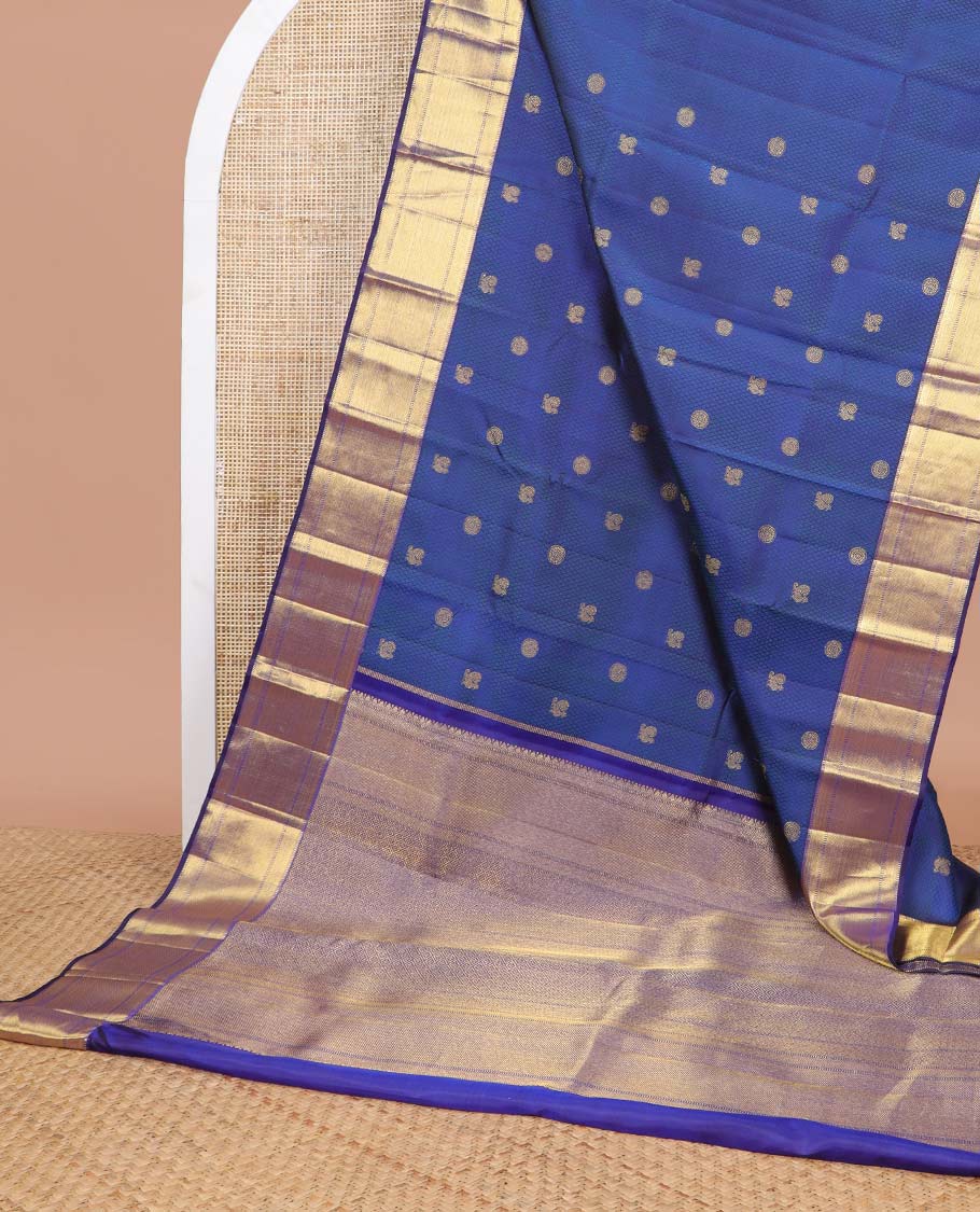 Blue checked, mayil buttas silk saree with self border of muthu, kathir, banaras design & geometric design pallu